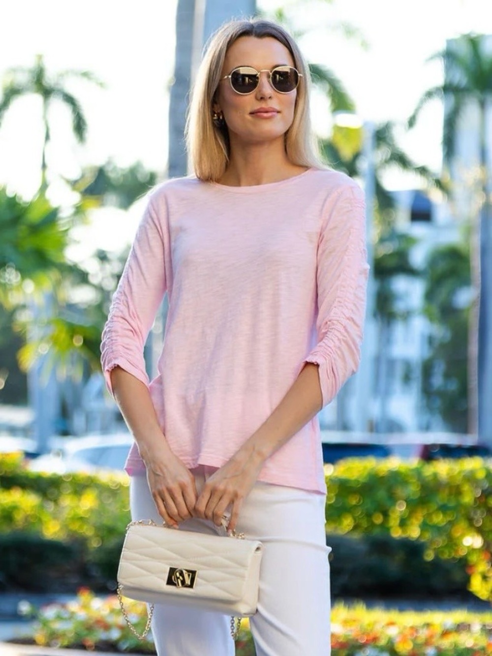 Elliott Lauren Crissy Cotton Slub Tee T Shirt S Pink 3/4 Ruched Sleeve Peru